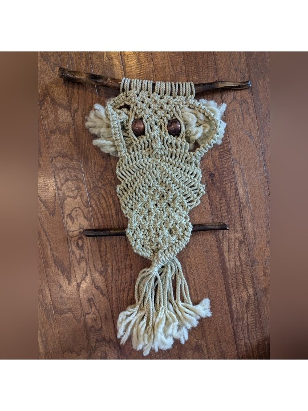 Vintage Macrame 70's Boho Owl Tapestry Wall Hanging 28' Hardwood Frame